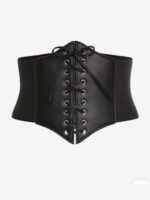 Women’s Genuine Lamb Leather Lace-Up Corset Waist Belt – Black