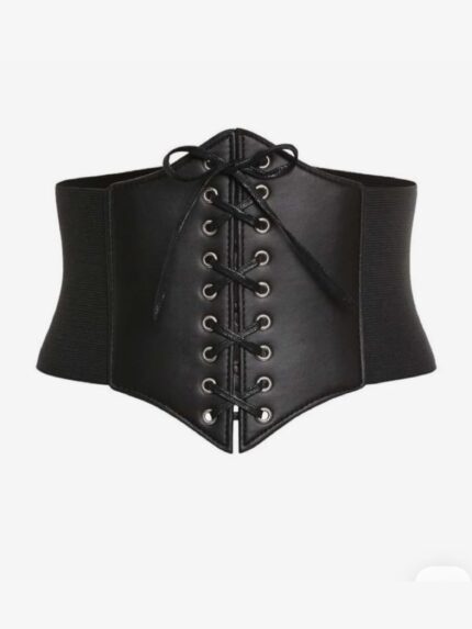 Women’s Genuine Lamb Leather Lace-Up Corset Waist Belt – Black